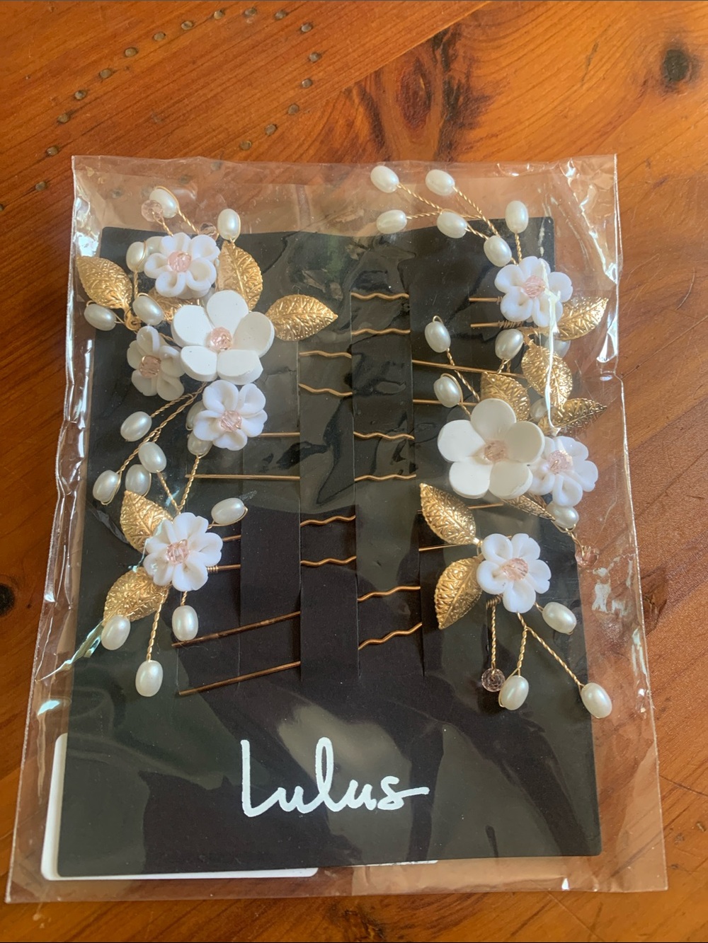 Lulu's Gold Leaf and White Blossom Pearl Hair Pin Set